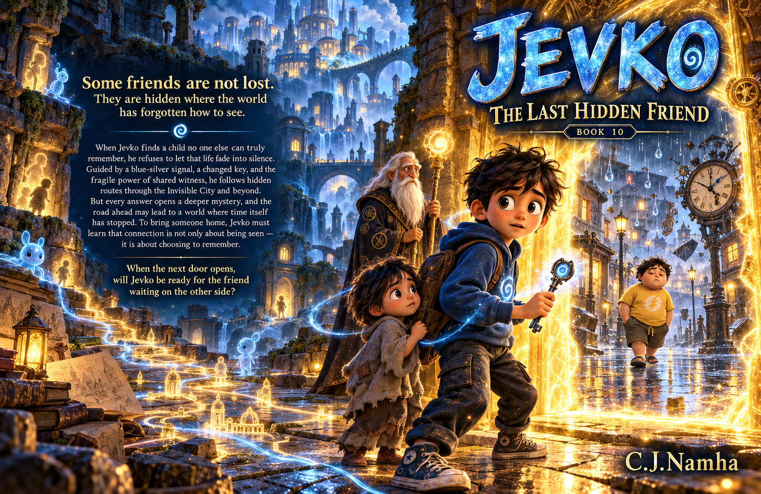 JEVKO Book 10 cover spread showing JEVKO, a forgotten child, an elderly keeper and a glowing doorway to a clock-filled city.