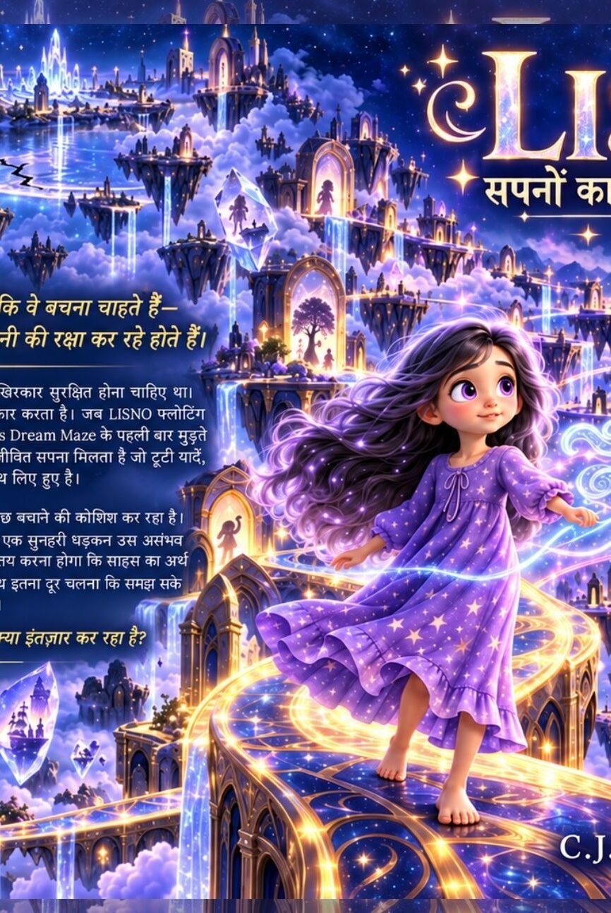 Cover of LISNO Book 4 Hindi, The Dream Chaser, showing Lisno and glowing dream creature Trace in a magical purple dream city.