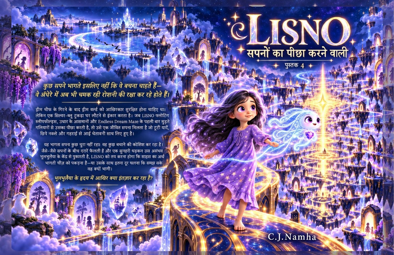 Cover of LISNO Book 4 Hindi, The Dream Chaser, showing Lisno and glowing dream creature Trace in a magical purple dream city.