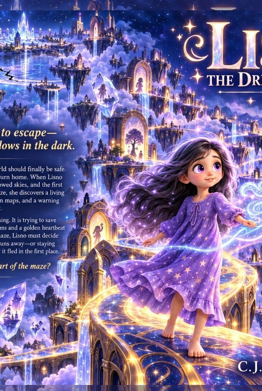 Cover of LISNO Book 4: The Dream Chaser, showing Lisno in a purple dress beside glowing dream creature Trace in a magical blue and gold fantasy city.