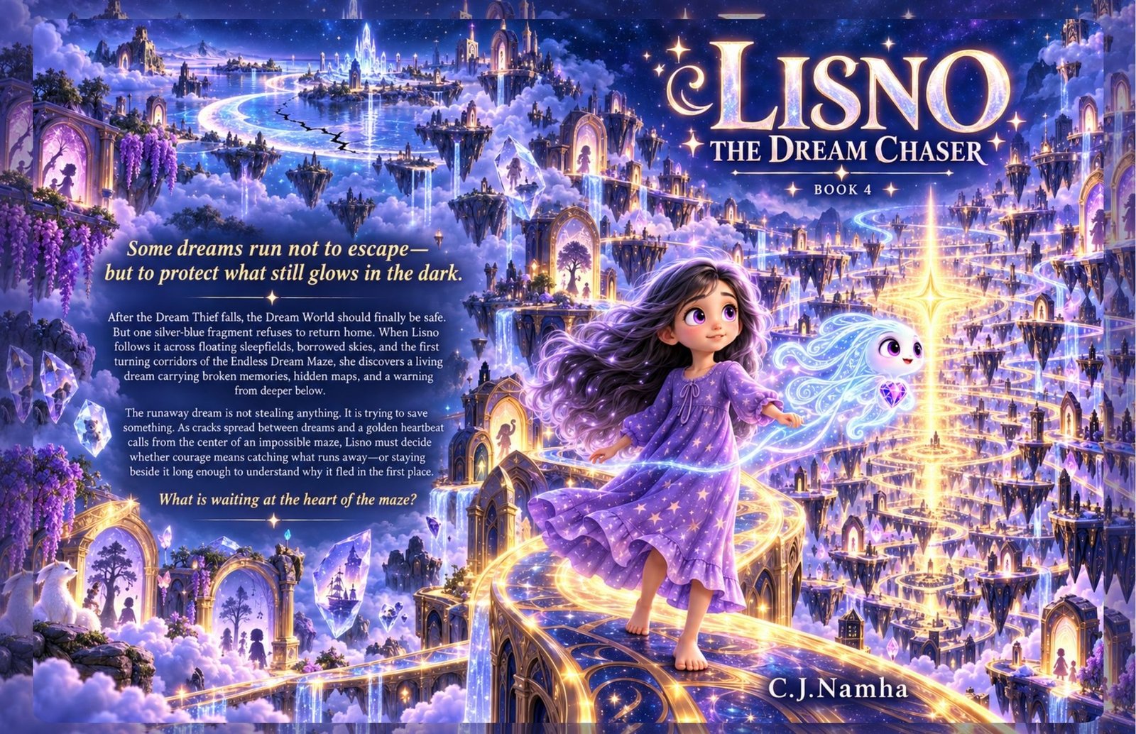 Cover of LISNO Book 4: The Dream Chaser, showing Lisno in a purple dress beside glowing dream creature Trace in a magical blue and gold fantasy city.